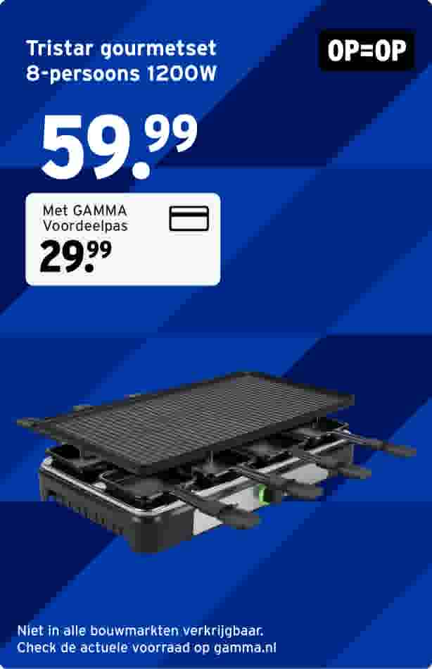 Tristar gourmetset voor 8 personen, 1200W, op blauwe achtergrond met prijs 59,99 euro en GAMMA voordeelpas prijs 29,99 euro.