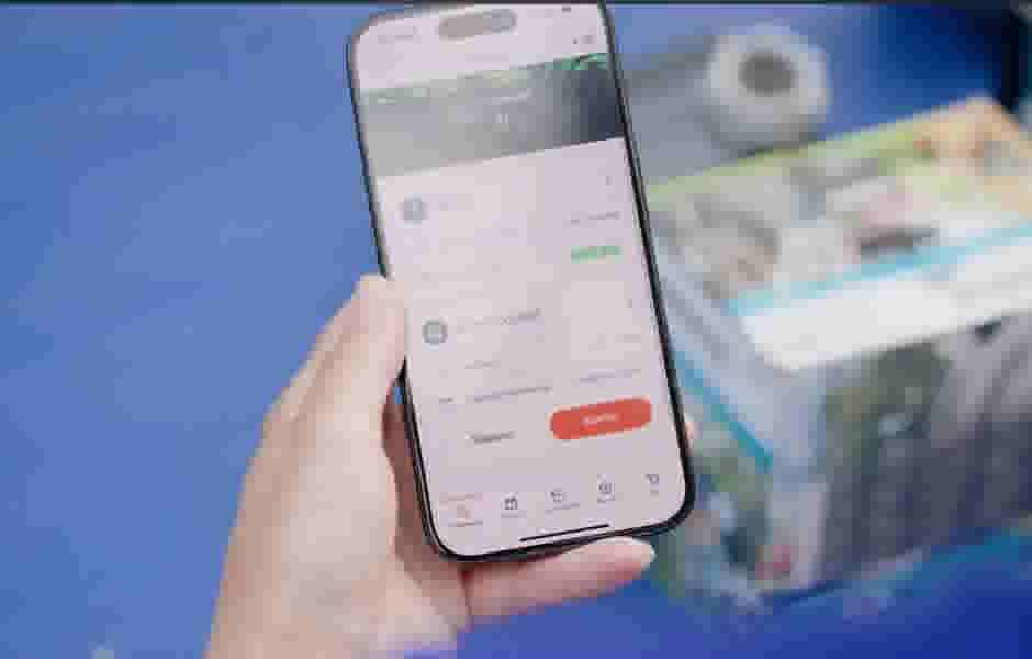 Hand houdt smartphone vast met een app voor waterbesturing, toont weergegevens voor Utrecht (21°C) en besturingsopties.