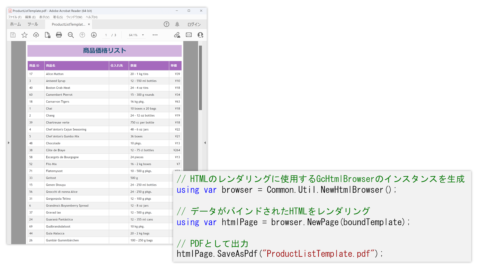 データがバインドされたHTMLをPDFに出力
