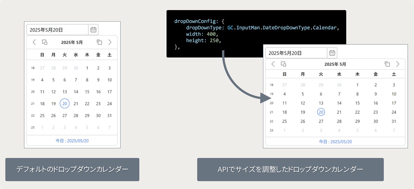 ドロップダウンカレンダーの幅と高さを変更するAPI