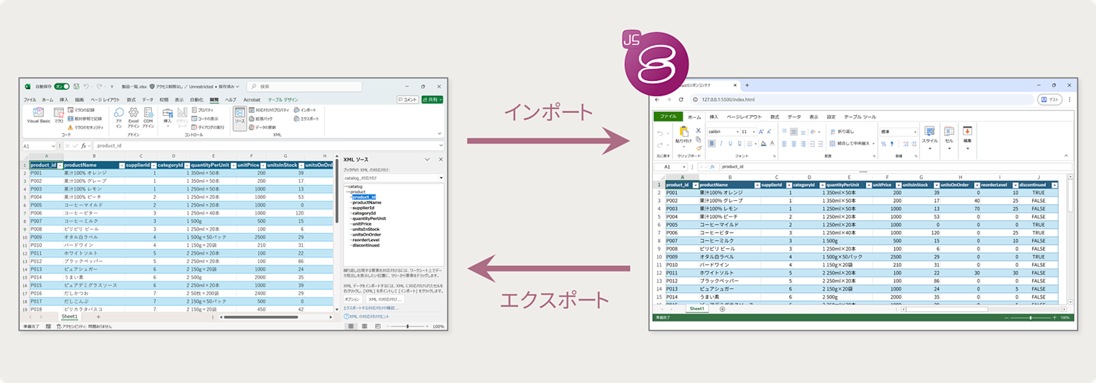 XMLソースを含むExcelファイルのインポート/エクスポート
