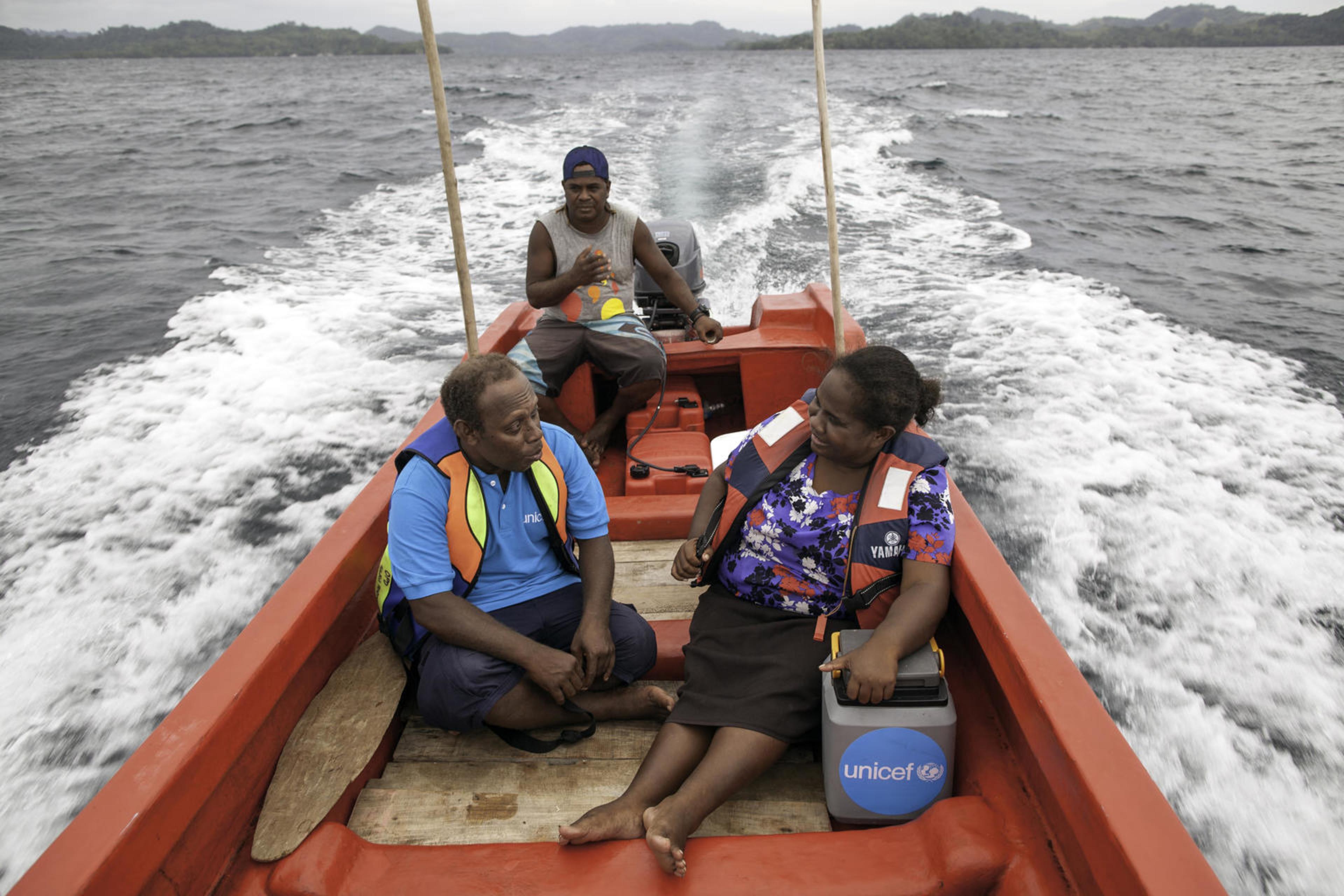 UNICEF Health Worker Paul Maesiala travels up to 3 hours by boat to reach children in remote Solomon Island communities