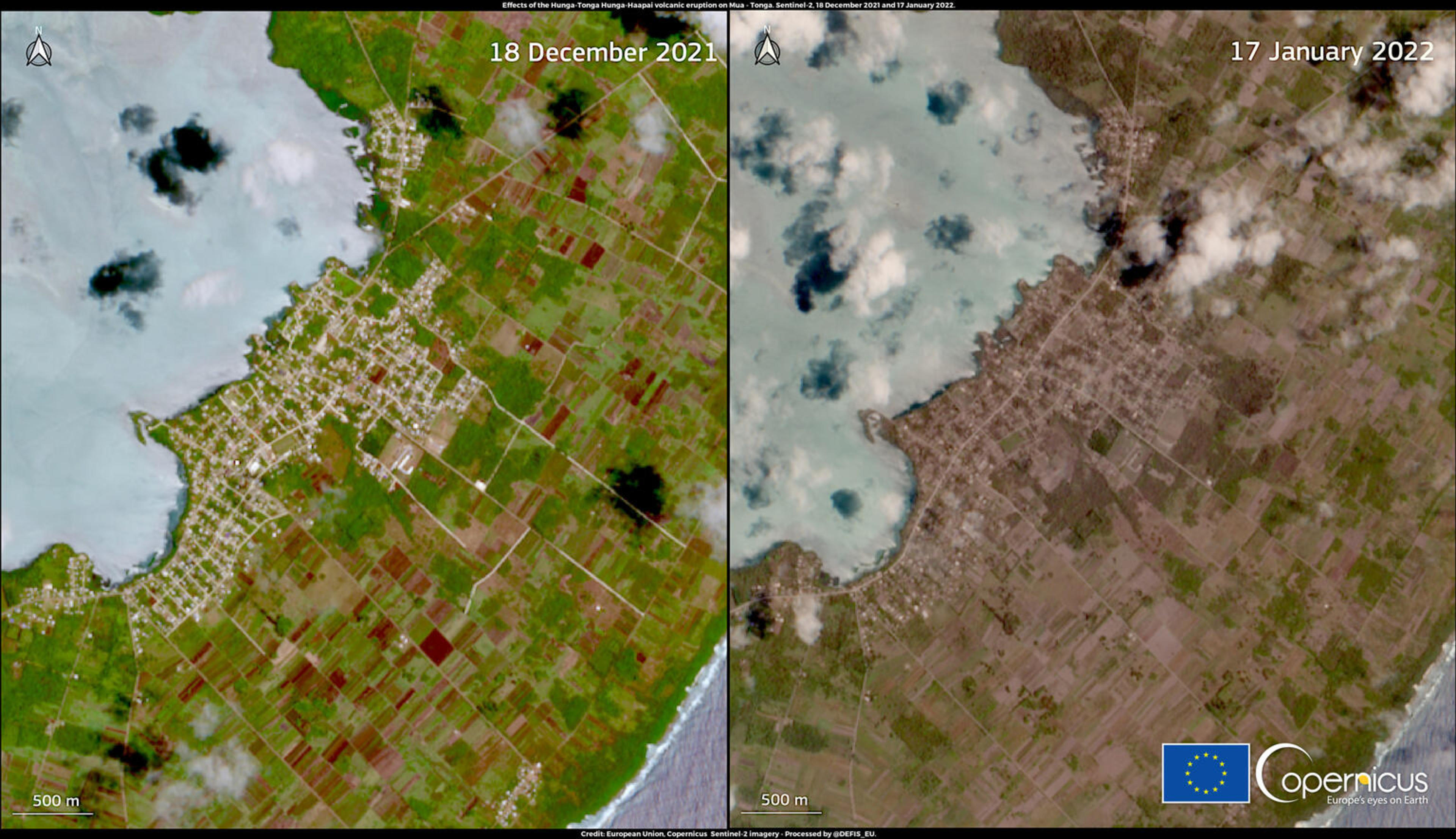 Before and After the Tonga eruption and tsunami, captured by aerial photograph 