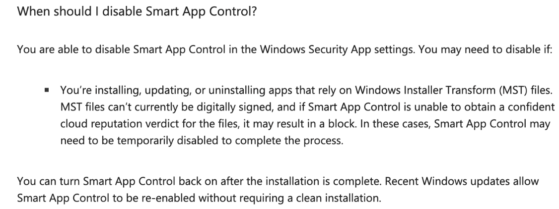 Smart App Control Error Product Installation or Uninstallation Fails with Error 1644 on Windows ...
