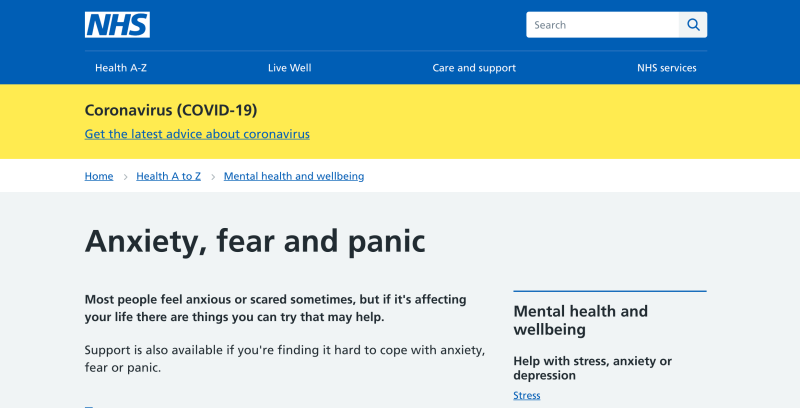 Screenshot of NHS webpage on understanding panic
