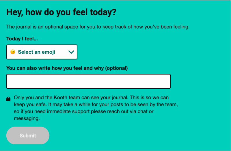 Screenshot from the Kooth daily journal where it asks the questions 'Hey, how do you feel today?'