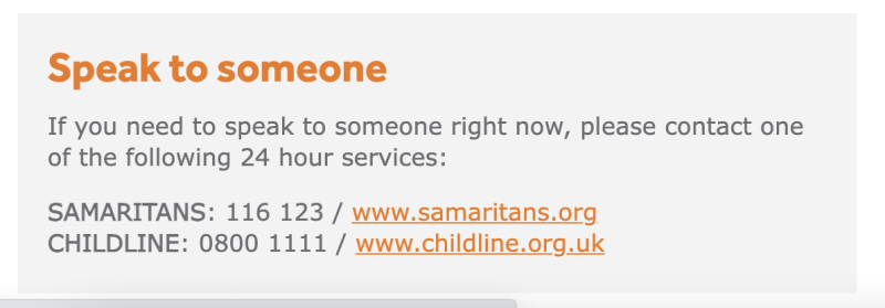 Screenshot from Anna Freud’s website signposting to Samaritans and Childline