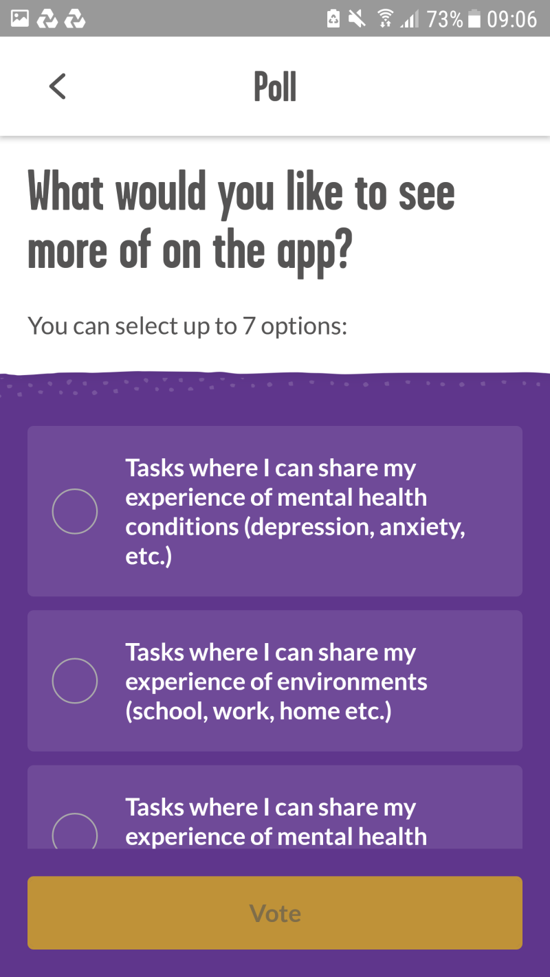 Screen capture of a poll in the YoungMinds app asking young people what type of content they’d like to see on the app.