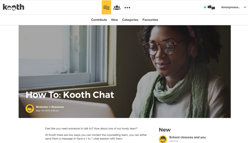 A screenshot of the Kooth webpage explaining how to use the chat function and associated guidelines 