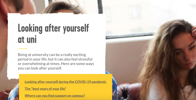 Screenshot from YoungMinds website: Looking after yourself at uni