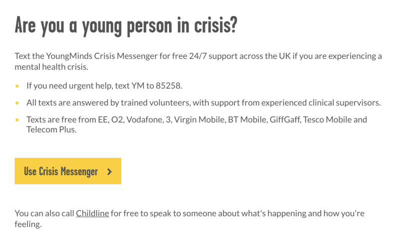 Screenshot from the Crisis website with a link to urgent help via messenger 