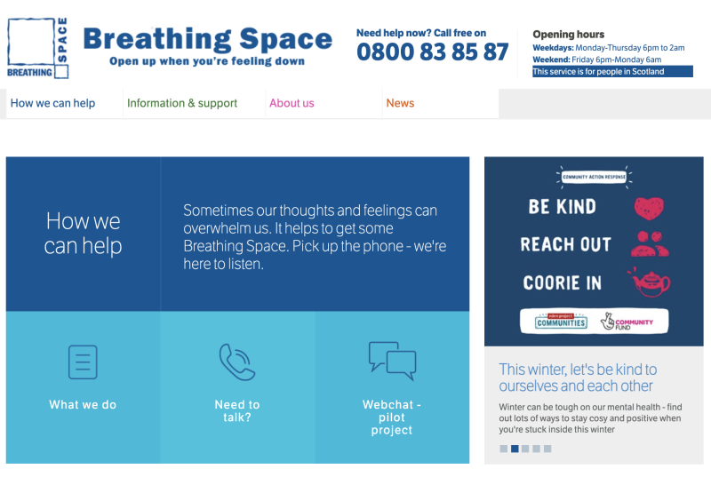 Screenshot of Breathing Space website showing banner with opening hours