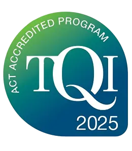 TQI 2025 logo for an ACT Accredited Program, with white text on a blue and green gradient background.