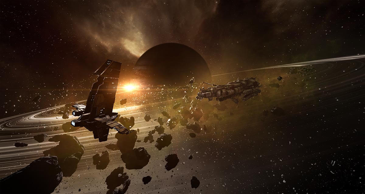 Strategy Game - Spaceship flying through an asteroid belt