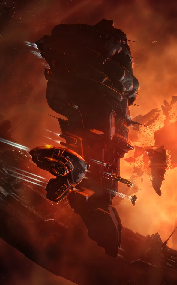 MMORPG - EVE Online is Free to play. Spaceships against an orange nebula