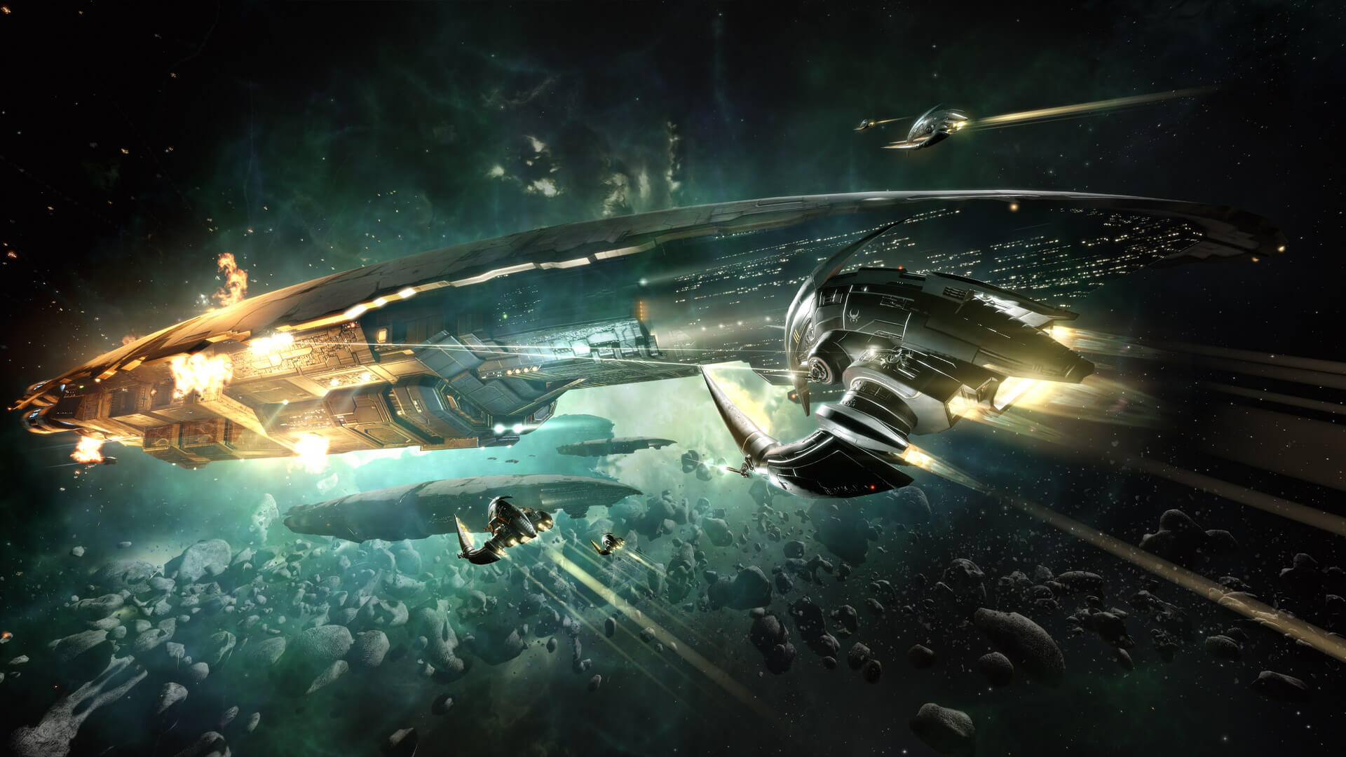 Space Game - MMORPG fight with smaller spaceships attacking a giant spaceship