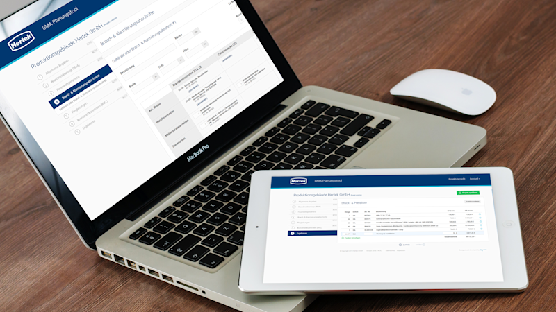 Das Planungstool von Hertek unterstützt Ihre Kalkulation des Brandschutzkonzeptes Darstellung des Planungstool auf Mobil Devices