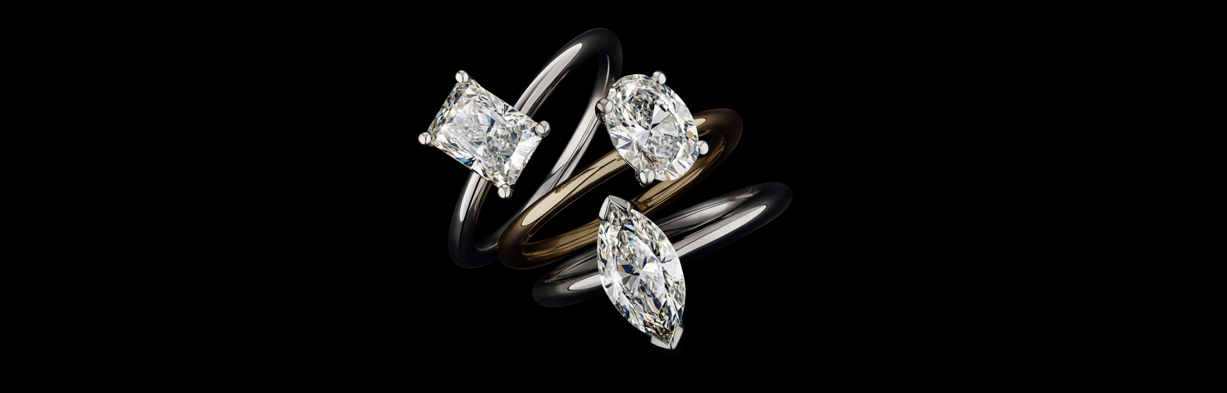3 Laboratory Grown Diamond Engagement Rings in white and yellow gold stacked