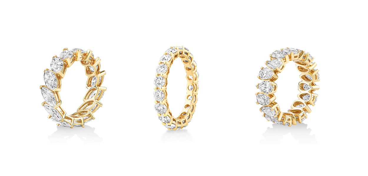 fancy cut diamond eternity bands in yellow gold