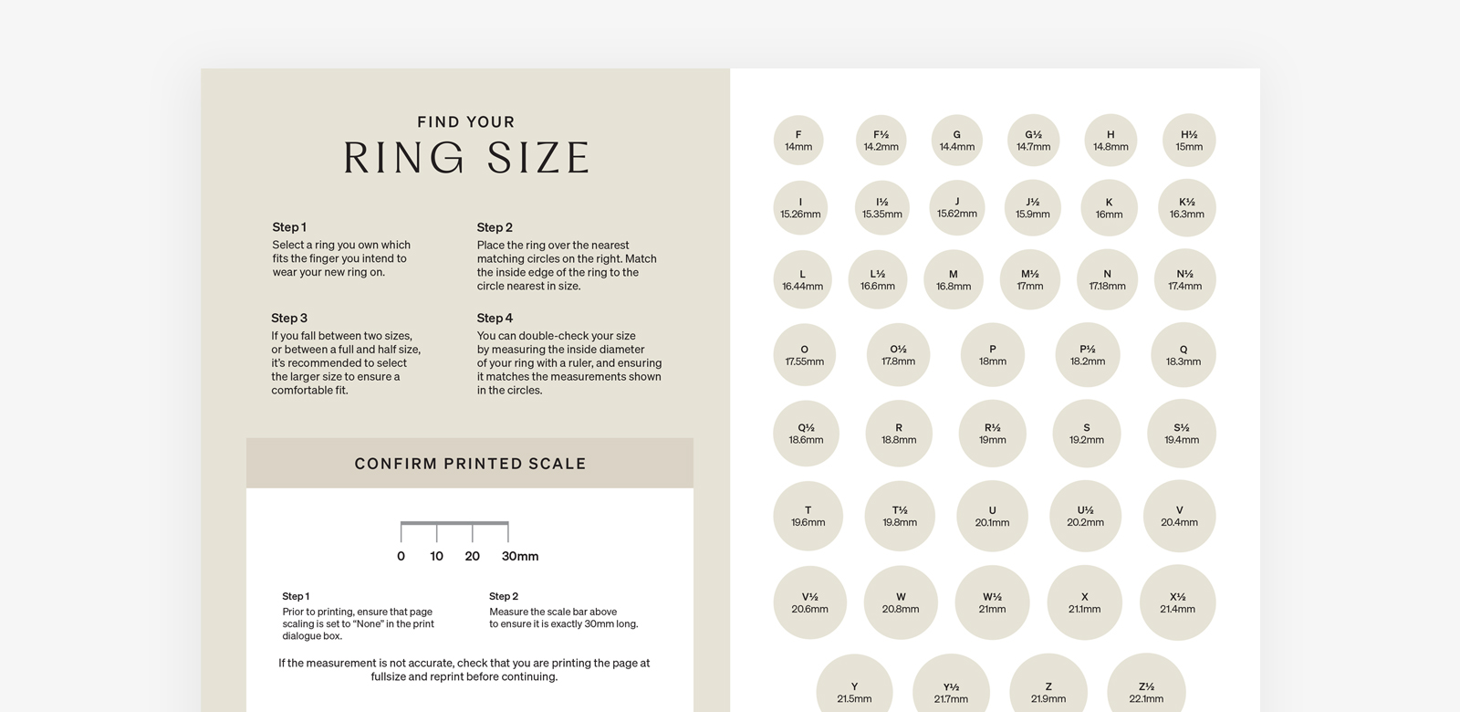 Printable Ring Size Guide Australian letter system