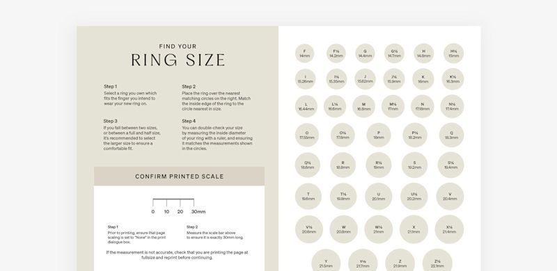 Printable Ring Size Guide Australian letter system