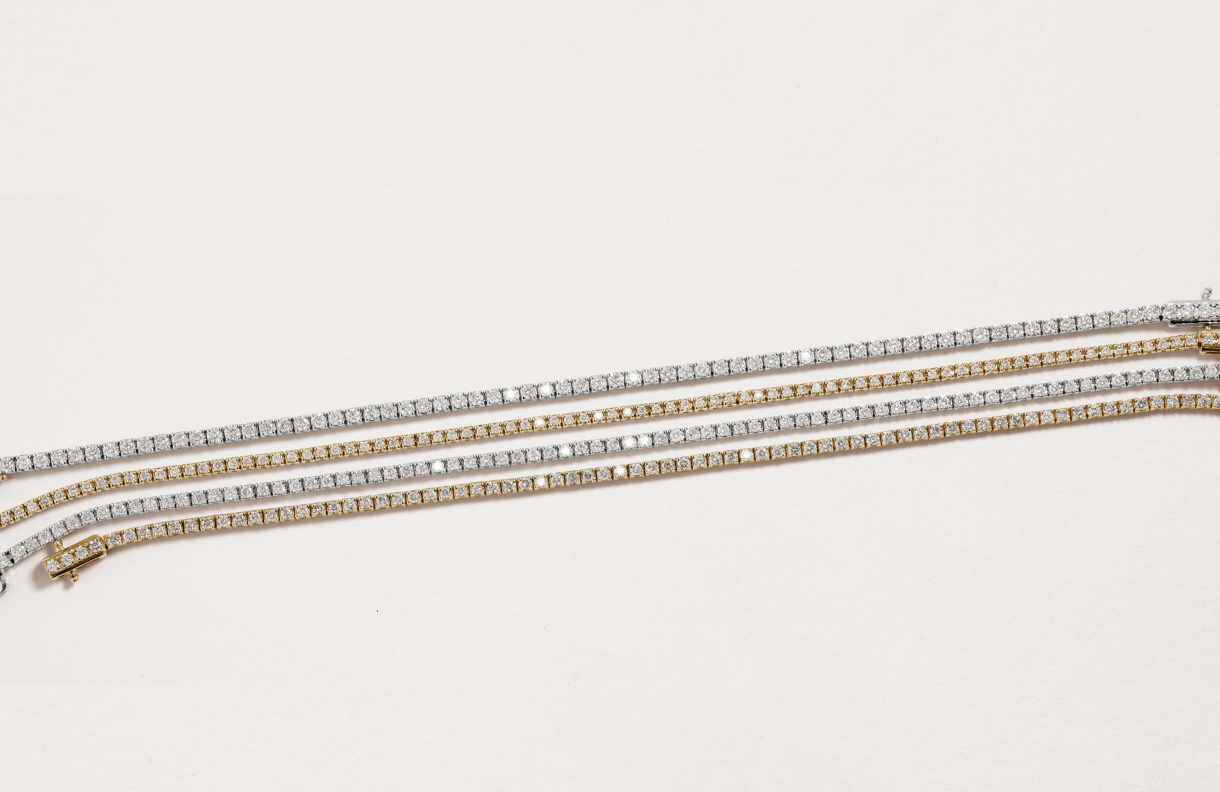 four diamond Tennis Bracelets in white, yellow and rose gold
