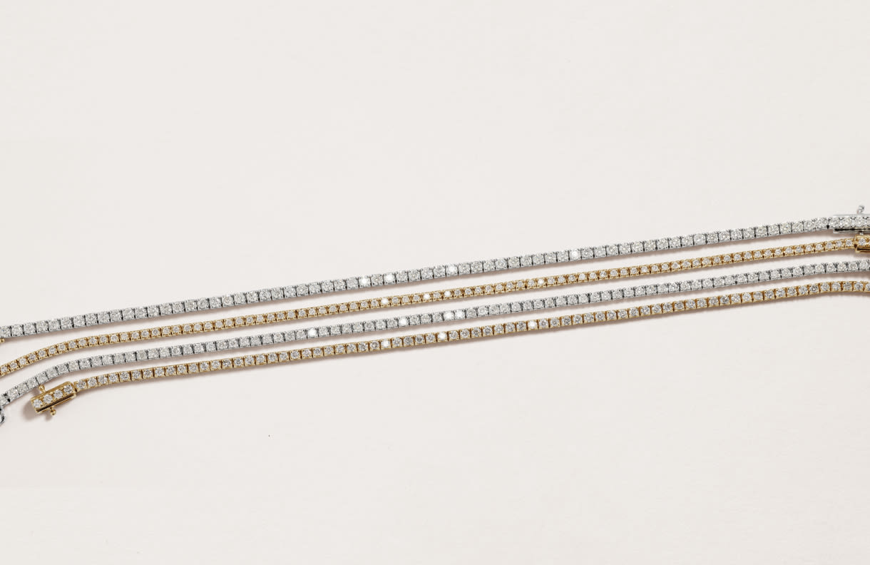 four diamond Tennis Bracelets in white, yellow and rose gold