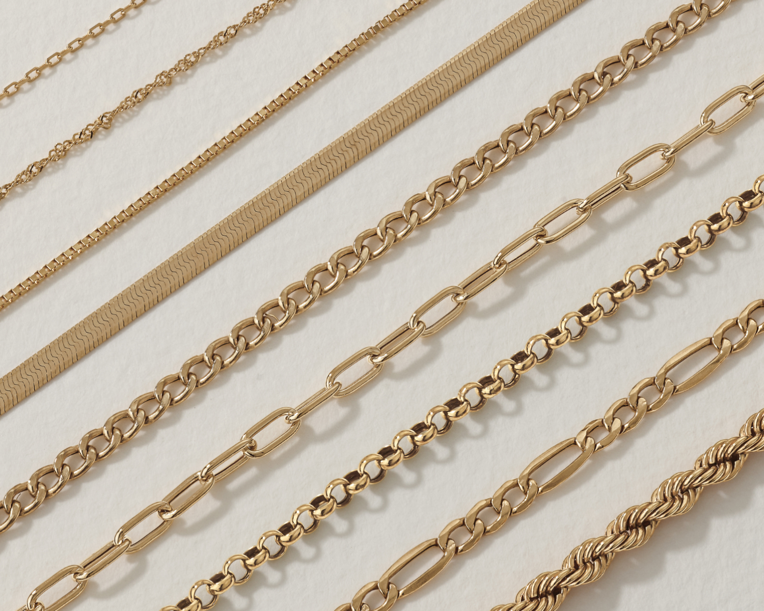 5 gold chains in a variety of styles and lengths such as rope, paperclip and belcher