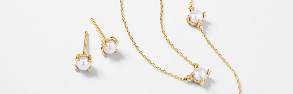 june birthstone pearl earrings necklace ring in yellow gold