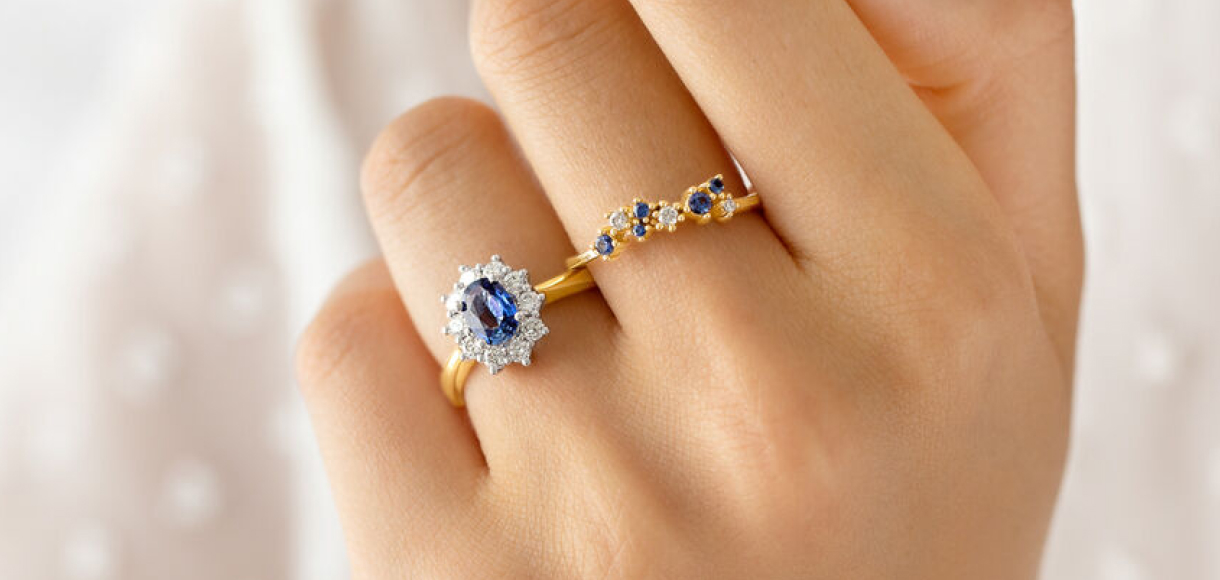 yellow gold, diamond and sapphire rings