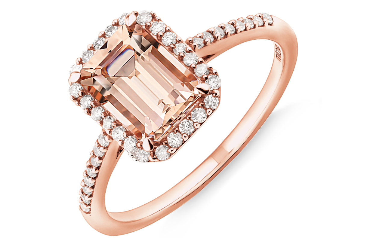 rose gold morganite emerald shape halo engagement ring style