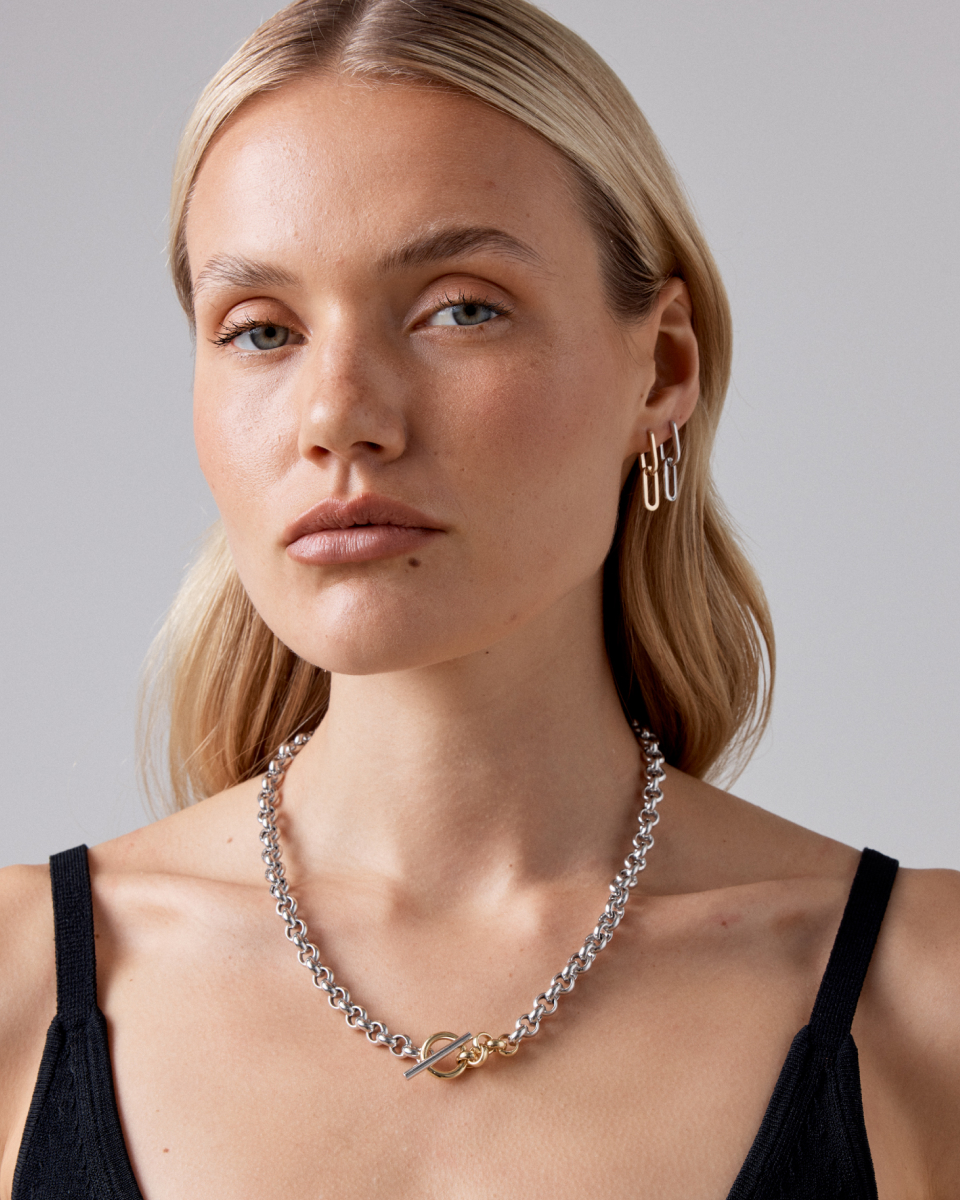 Close up of model wearing a tone necklace and earrings 