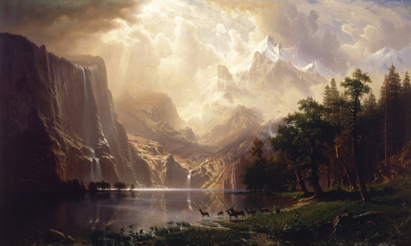 Light emanates from a high focal point over a serene scene of a lake in the Sierra Nevada mountains 