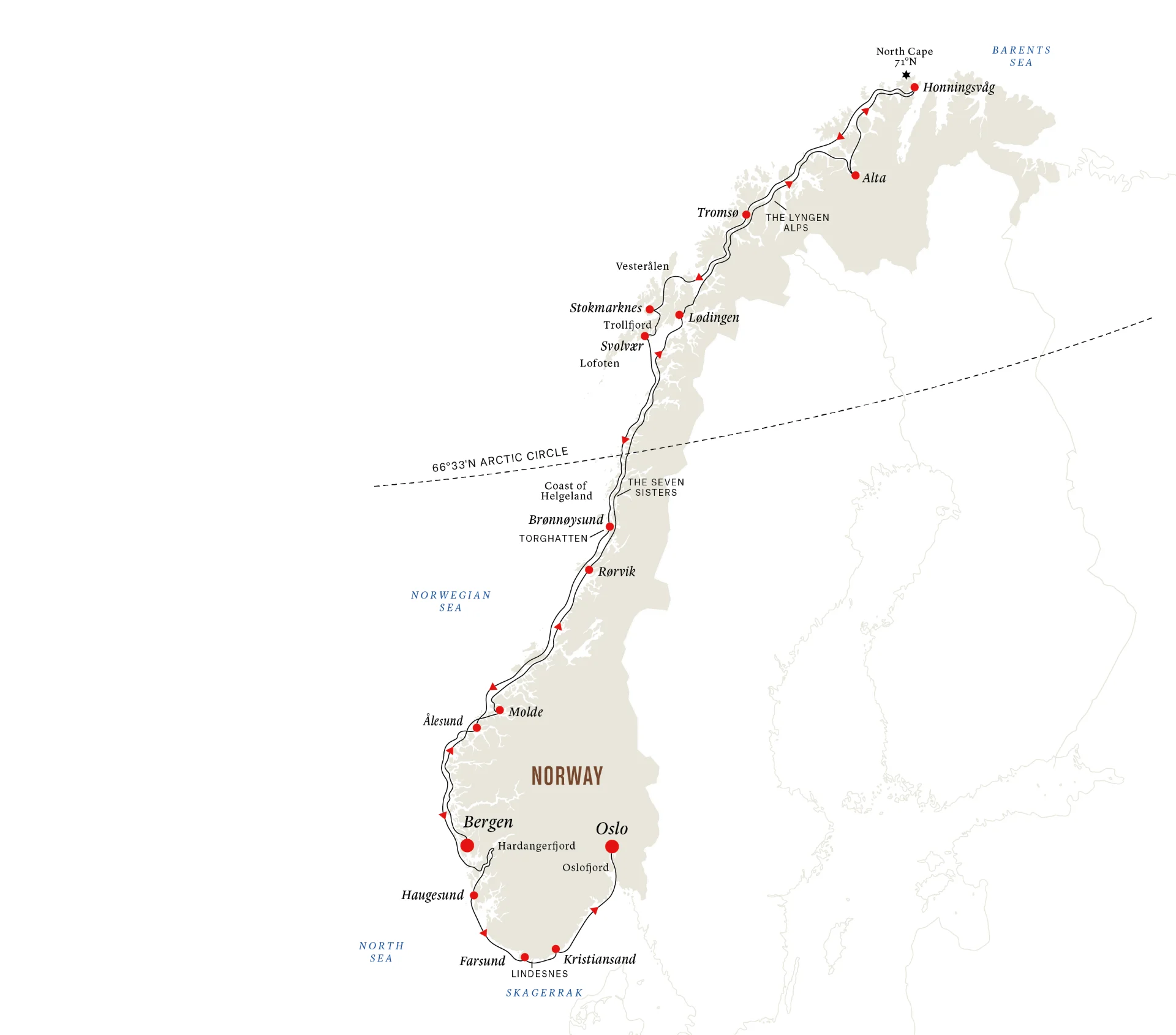 Map roundtrip Bergen-Northcape-Oslo