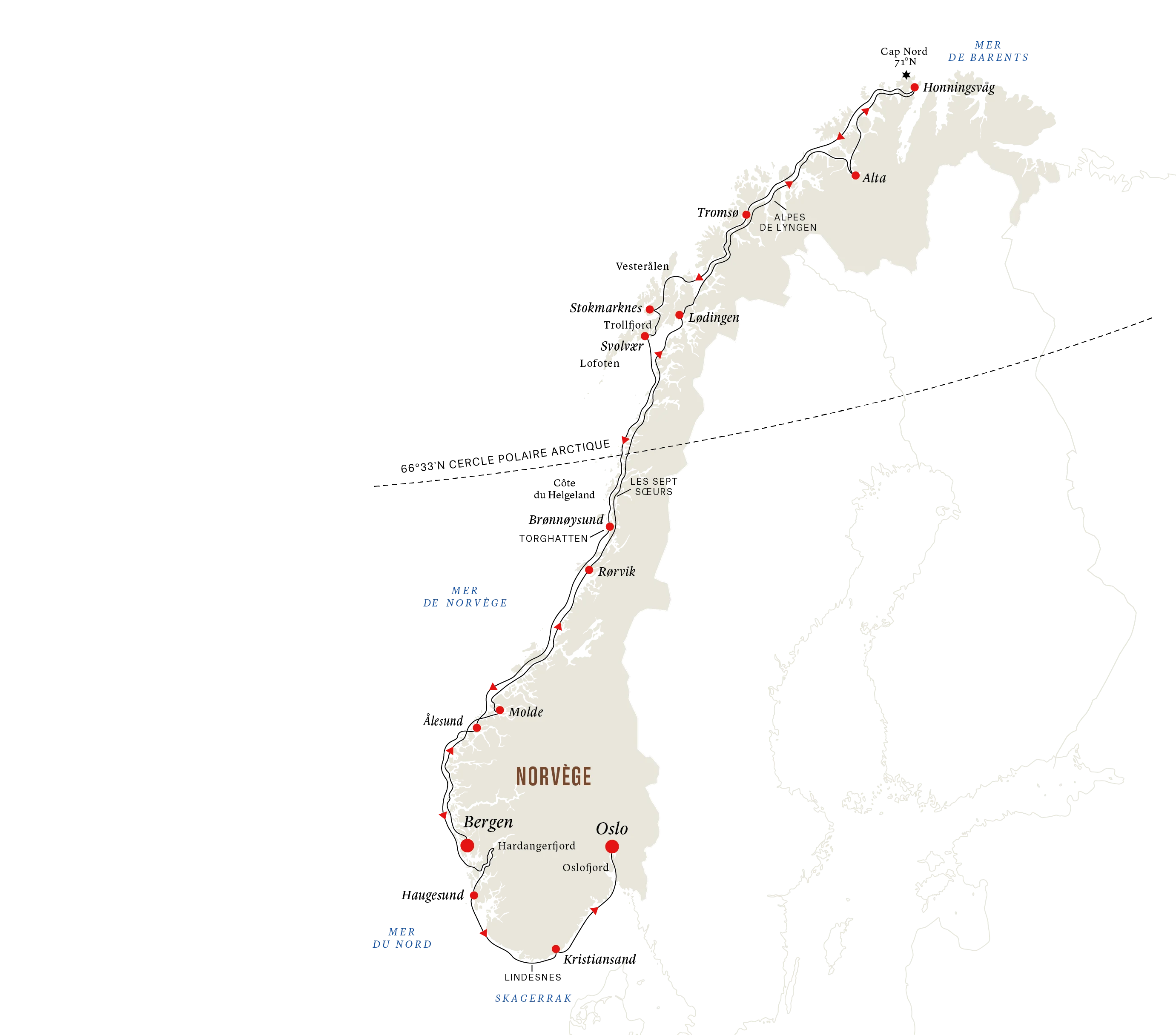 Carte aller-retour Bergen-Cap Nord-Oslo