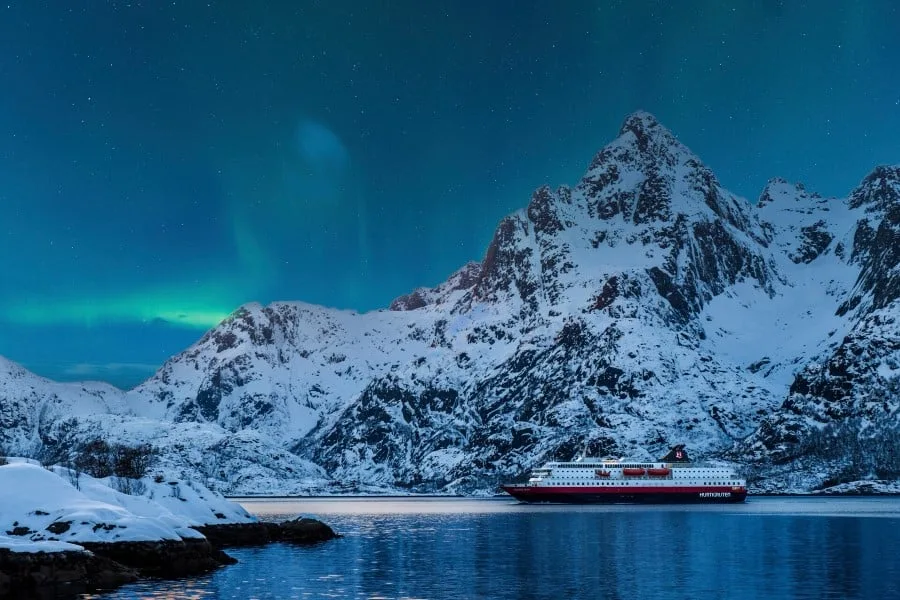 MS Richard With sailing in Norway in winter under the Northern Lights