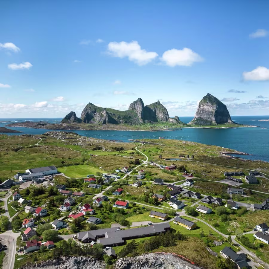 An aerial view over the Norwegian village of Træna 