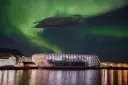 The Northern Lights over the Hurtigruten Museum in Stokmarknes