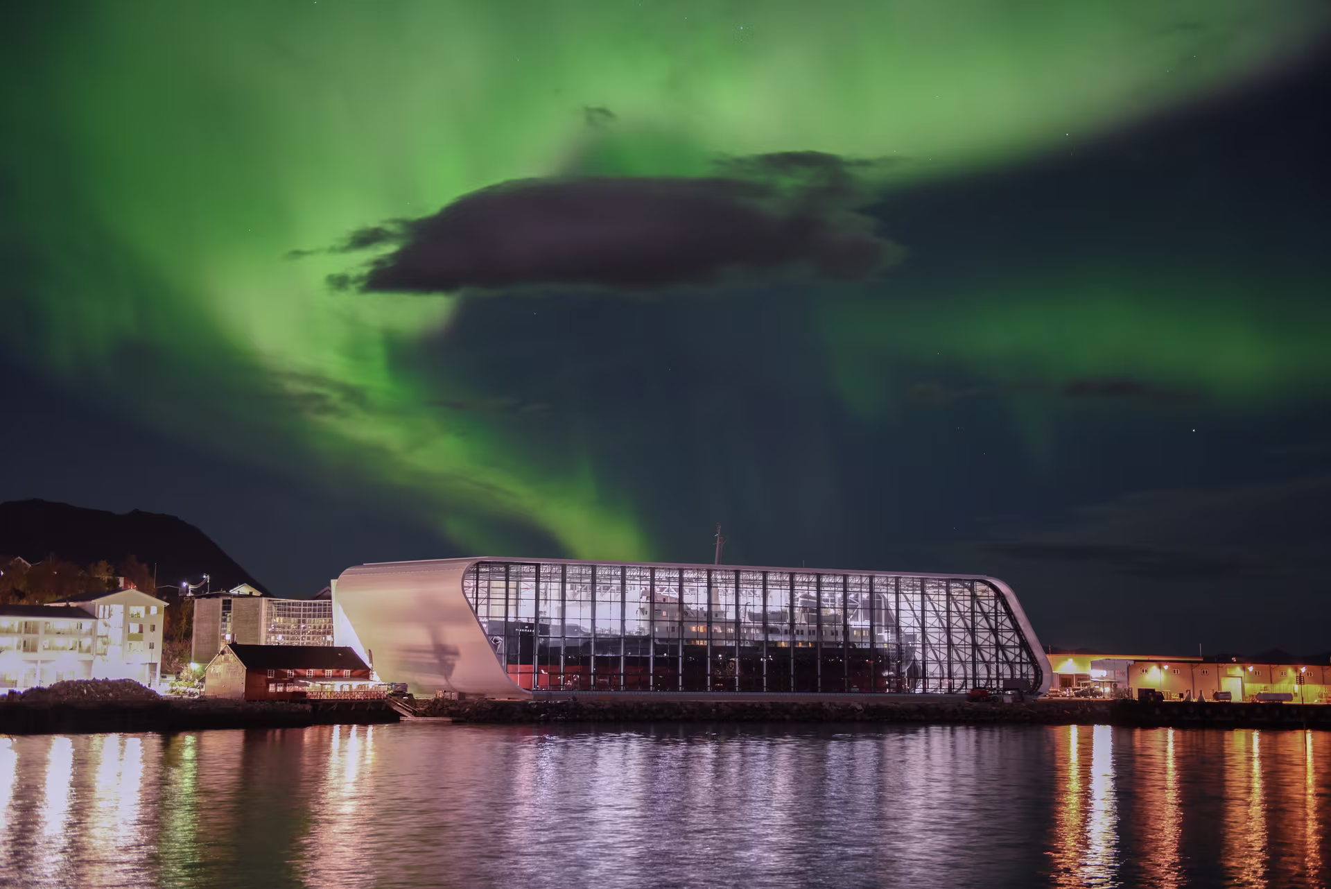 The Northern Lights over the Hurtigruten Museum in Stokmarknes
