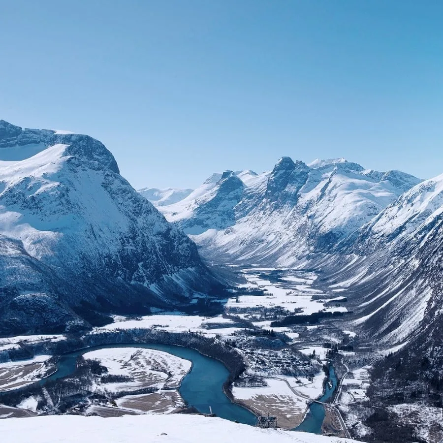 An aerial view over the Norwegian town of Andalsnes in winter