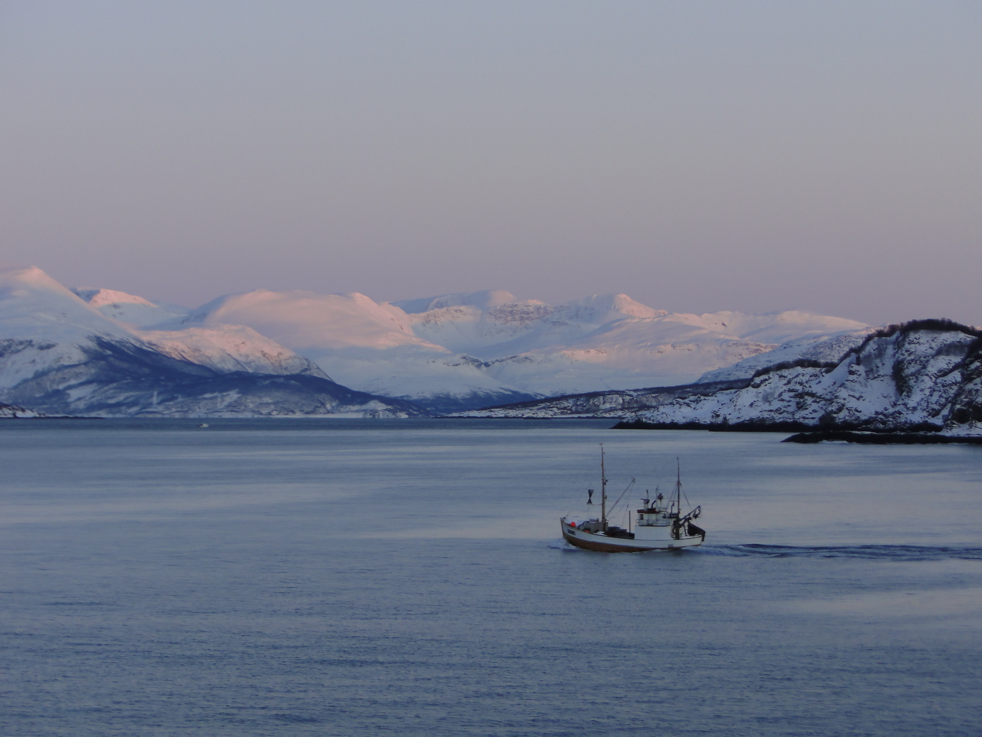 A fishing boat sailing through Skjervøy, Norway