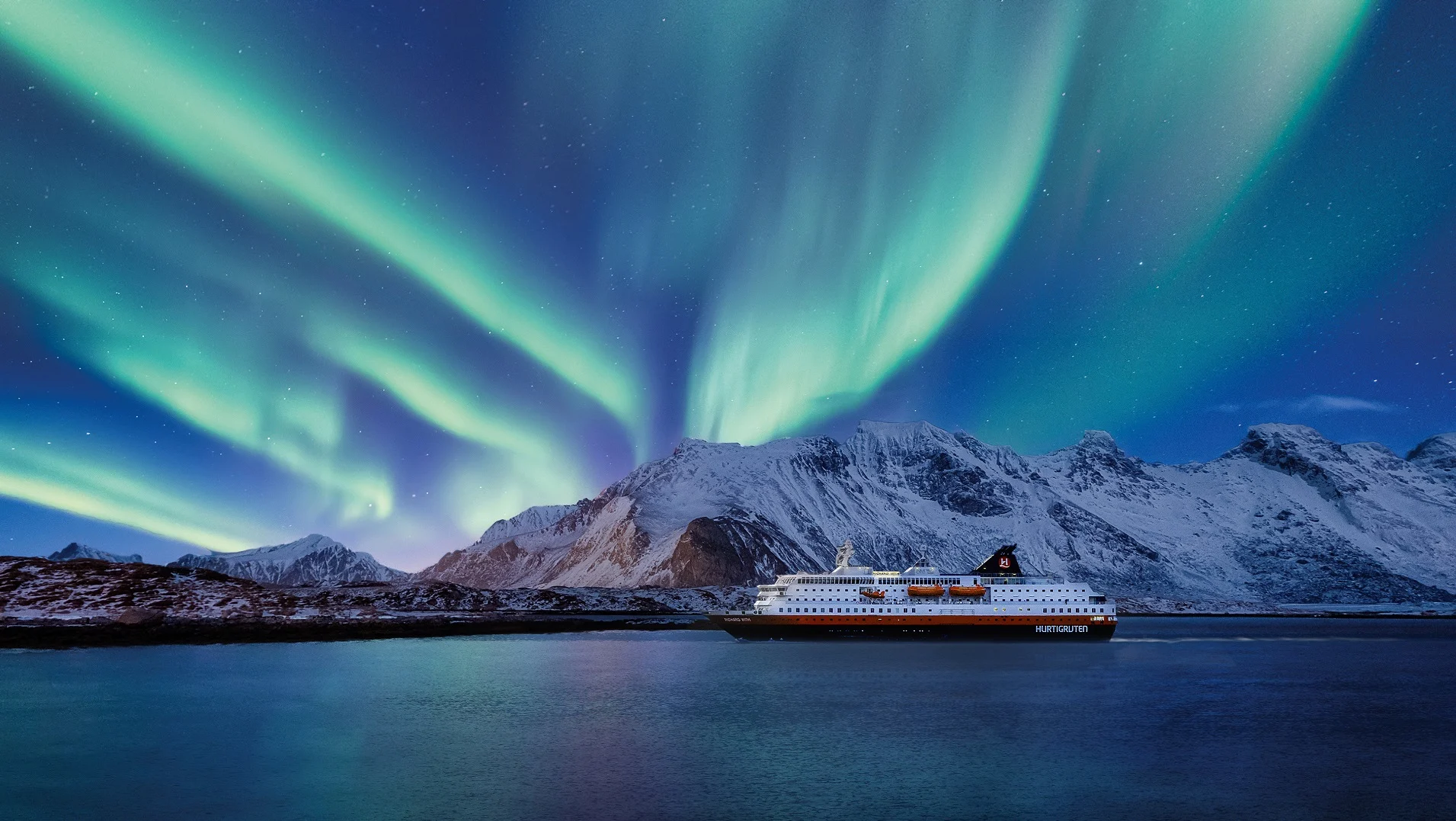 A Hurtigruten ship under the Northern Lights
