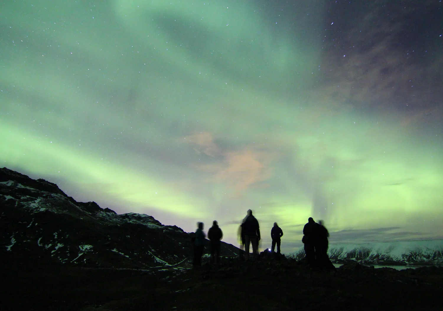 A group of aurora hunters watching the Northern Lights with astronomer Tom Kerss