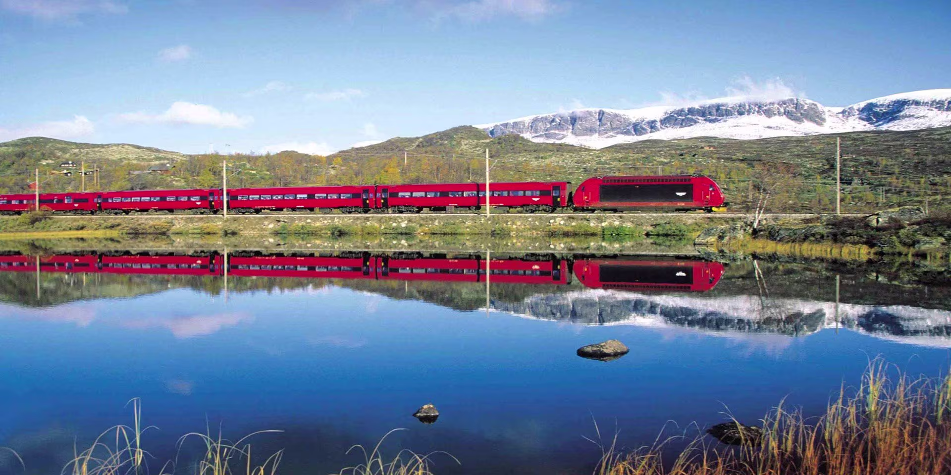 Un train circulant sur des voies ferrées à proximité d'une étendue d'eau