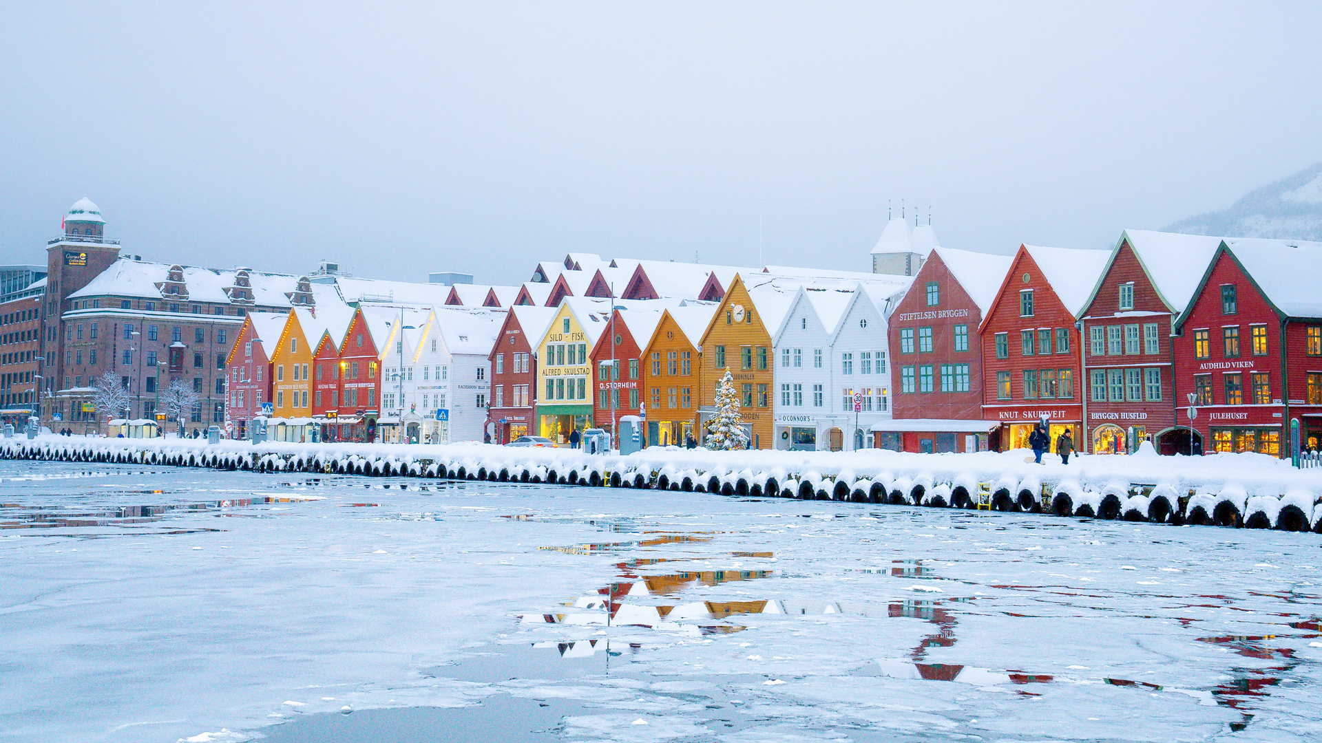 Bryggen sous la neige à Bergen, avec ses maisons en bois colorées se reflétant dans le port glacé