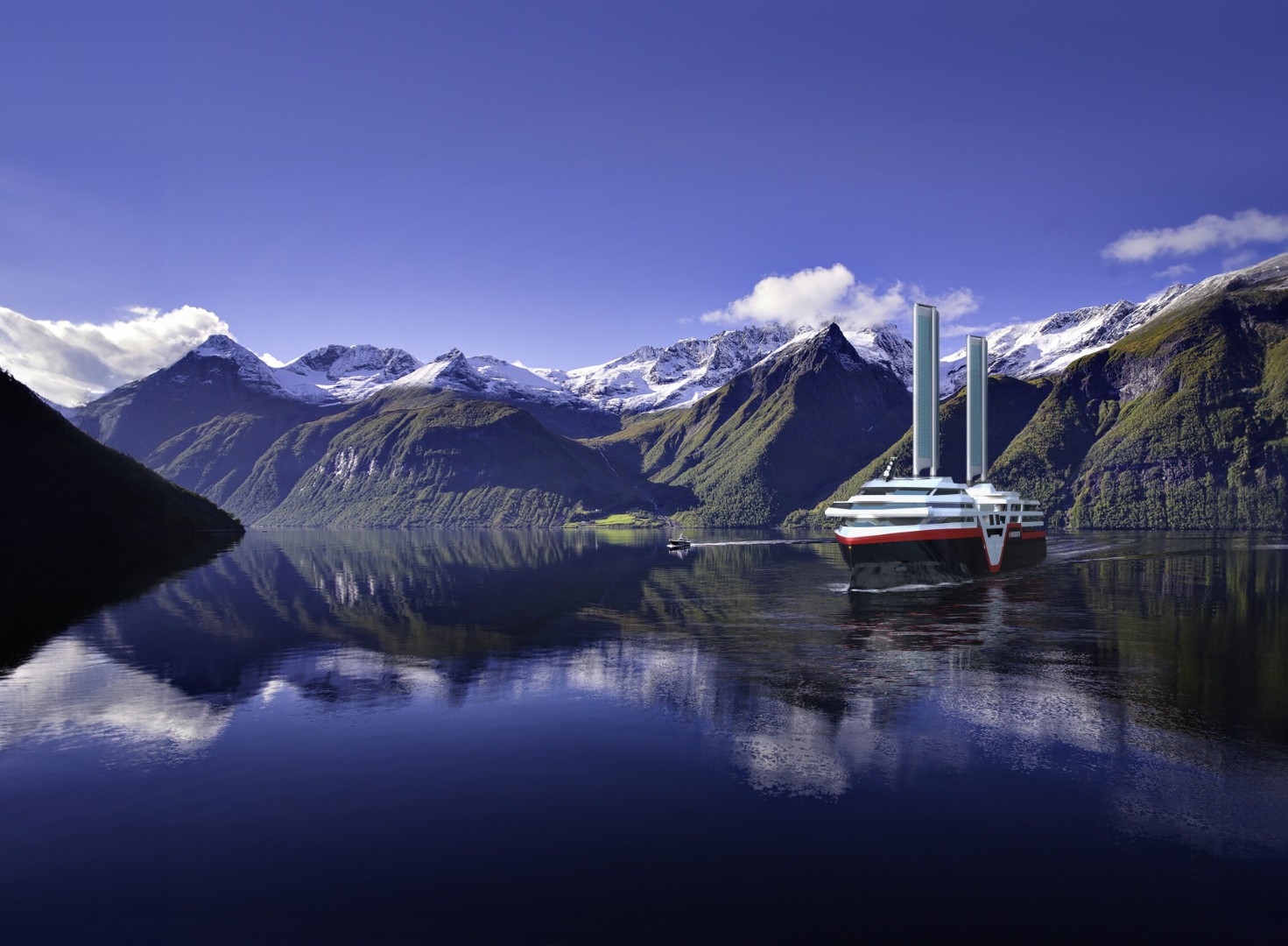 A futuristic cruise ship sails through a calm fjord surrounded by snow-capped mountains under a clear blue sky, reflecting on the serene water.