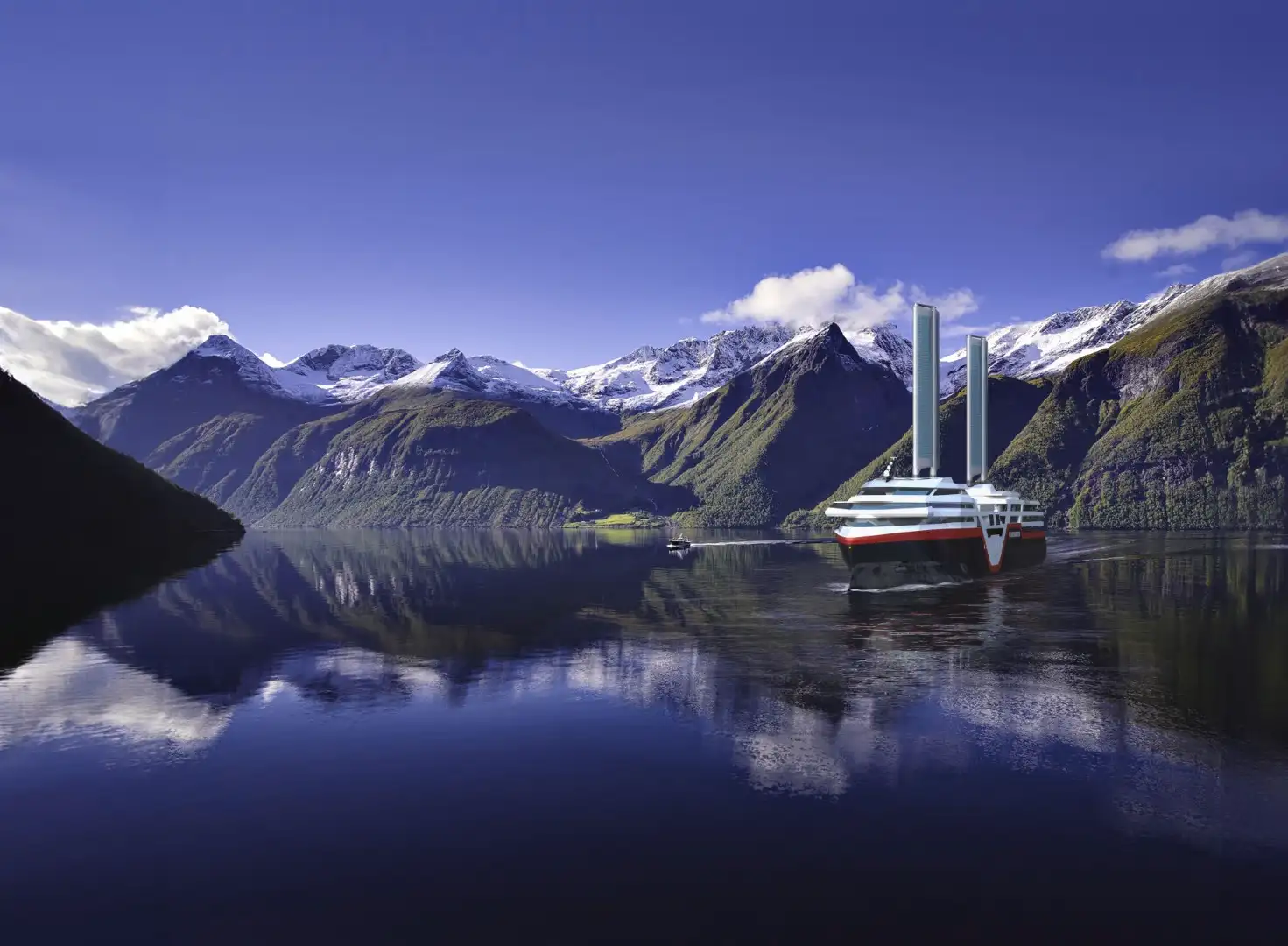 A futuristic cruise ship sails through a calm fjord surrounded by snow-capped mountains under a clear blue sky, reflecting on the serene water.