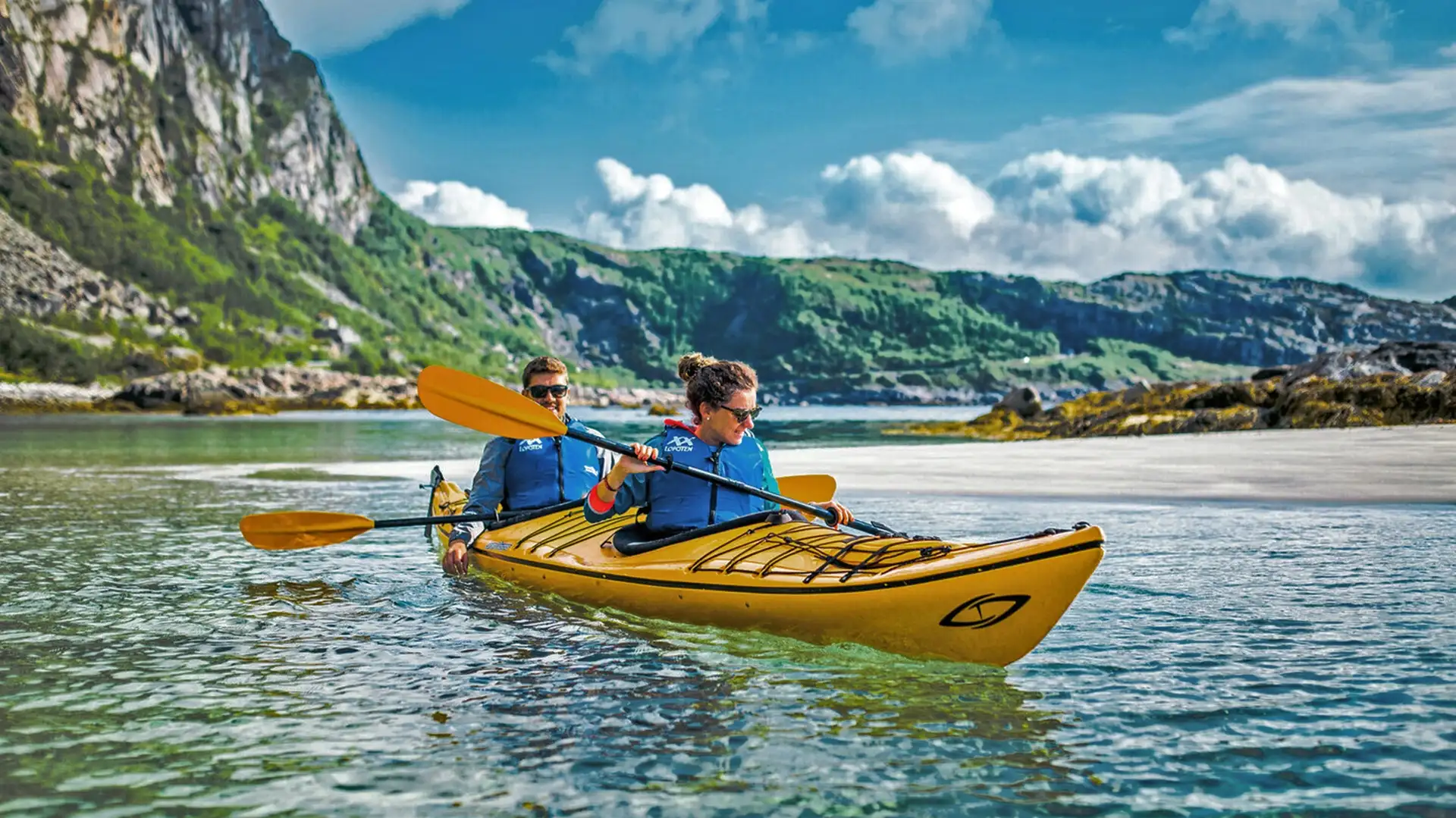 people-yellow-kayak-fjords-water-svolvaer-norway