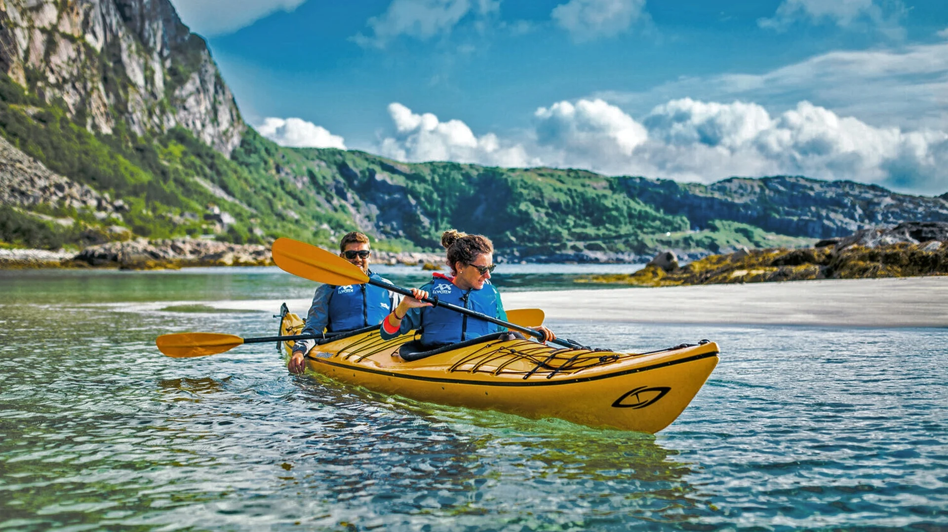 people-yellow-kayak-fjords-water-svolvaer-norway
