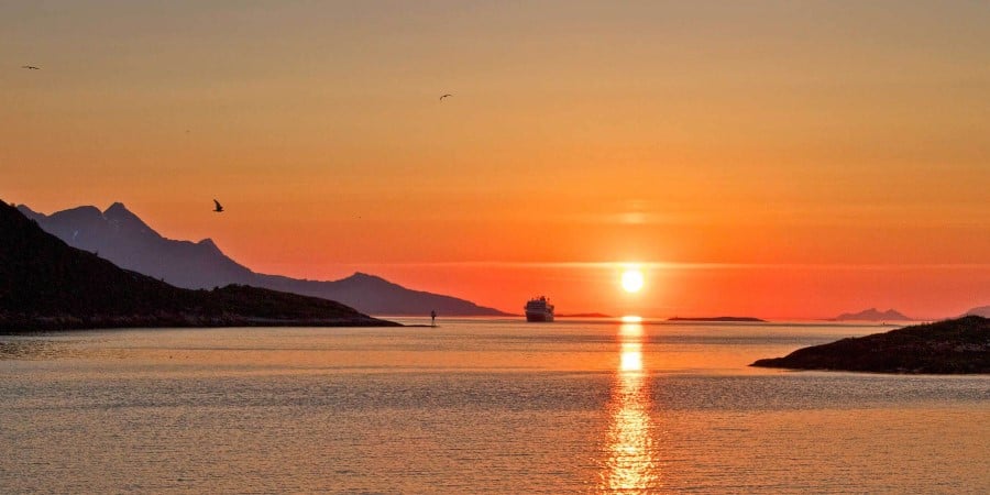 Southbound Hurtigruten in Midnight Sun near Bodø